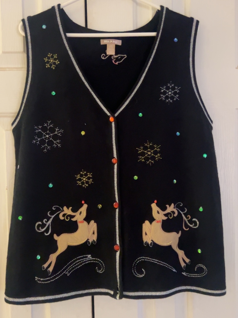 White Stag Black Vest with Gold Reindeer and Multicolor Sequins